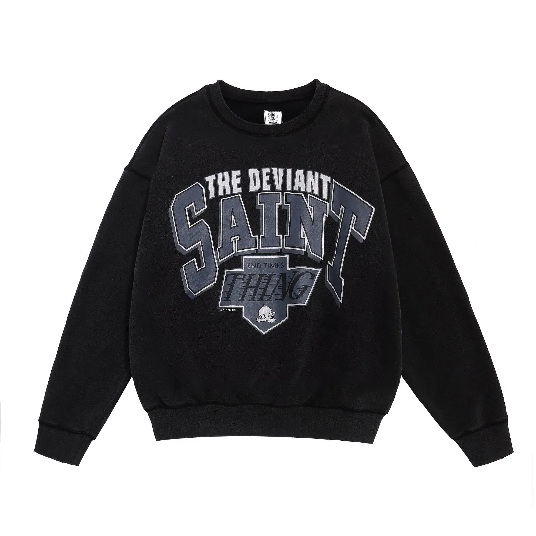 Stylish brand saint michael TEH DEVIANT letter print retro distressed washed velvet loose round neck pullover sweatshirt Fabric: 420g Style number: SM615 Size: S-M-L-XL Color: Black Price: P198